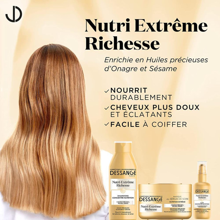 Dessange Nutri Extrême Richesse Routine Shampooing, Masque, Soin pour Cheveux Très Secs et Fragiles 250ml, 250ml, 100ml