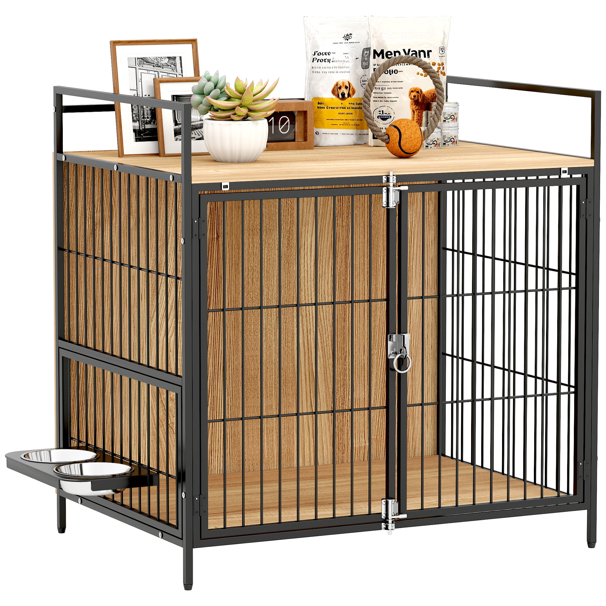 Jaula para Perros Mesa Auxiliar Moderna Casa para Mascotas con Soporte Giratorio con 2 Tazones 2 Puertas y Estante de Almacenamiento Superior para Perros Medianos 80x56x76,5 cm Roble