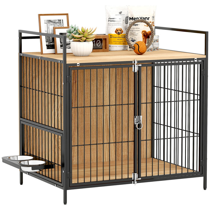 Jaula para Perros Mesa Auxiliar Moderna Casa para Mascotas con Soporte Giratorio con 2 Tazones 2 Puertas y Estante de Almacenamiento Superior para Perros Medianos 80x56x76,5 cm Roble