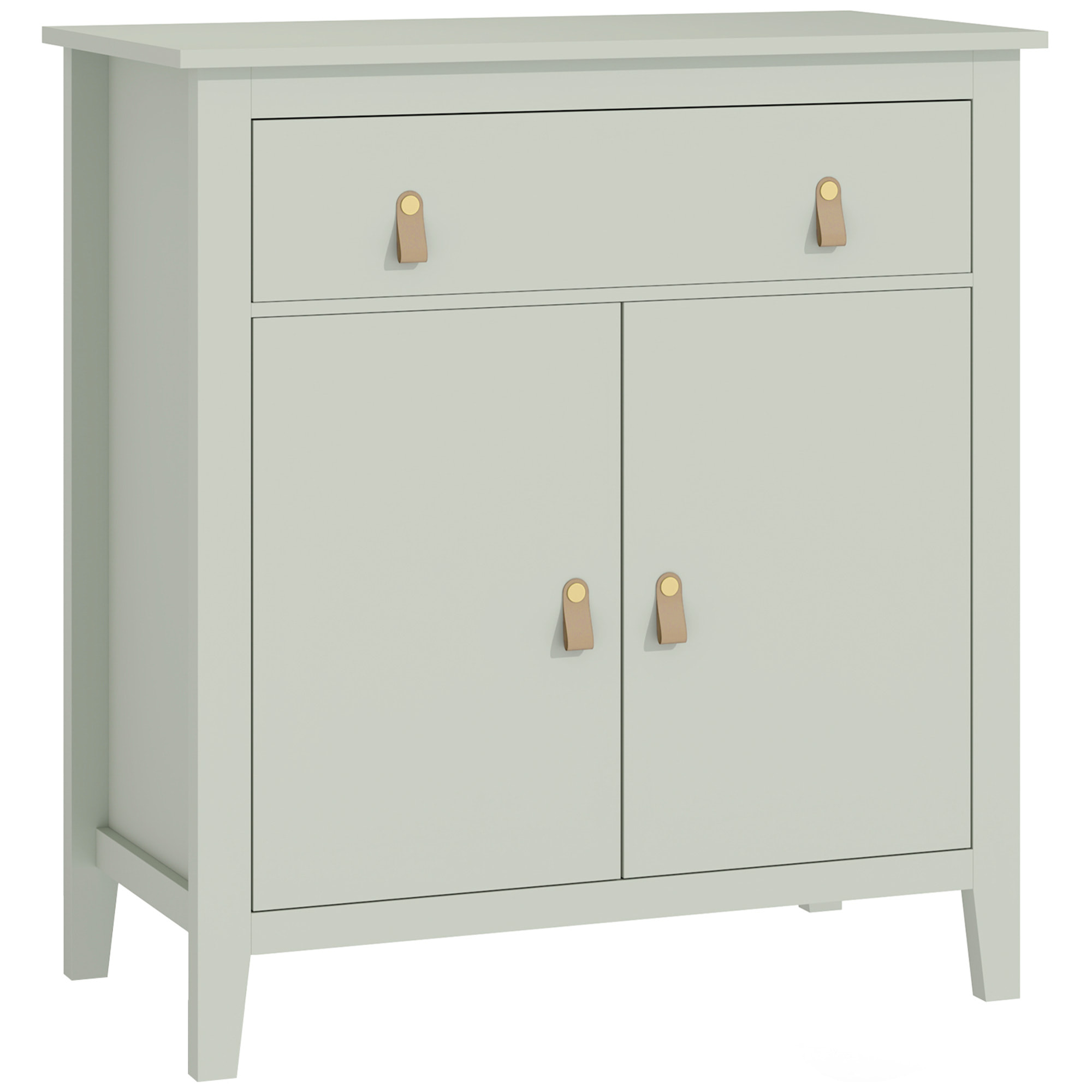 Buffet 2 portes étagère tiroir poignées lanières aspect cuir dim. 80 x 40 x 90 cm vert d'eau