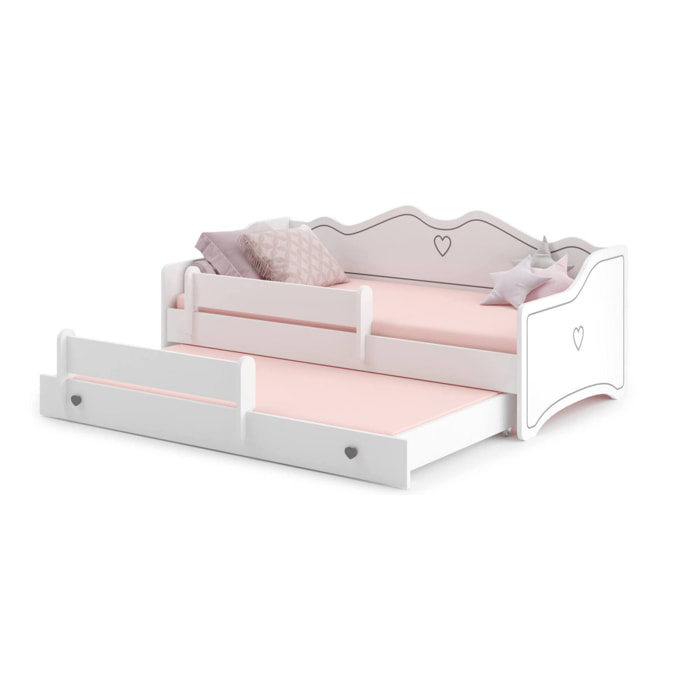 Letto singolo per bambini, Divano letto con secondo lettino estraibile, Lettino con decorazione e protezione anticaduta, cm 164x88h70, colore Bianco e Grigio