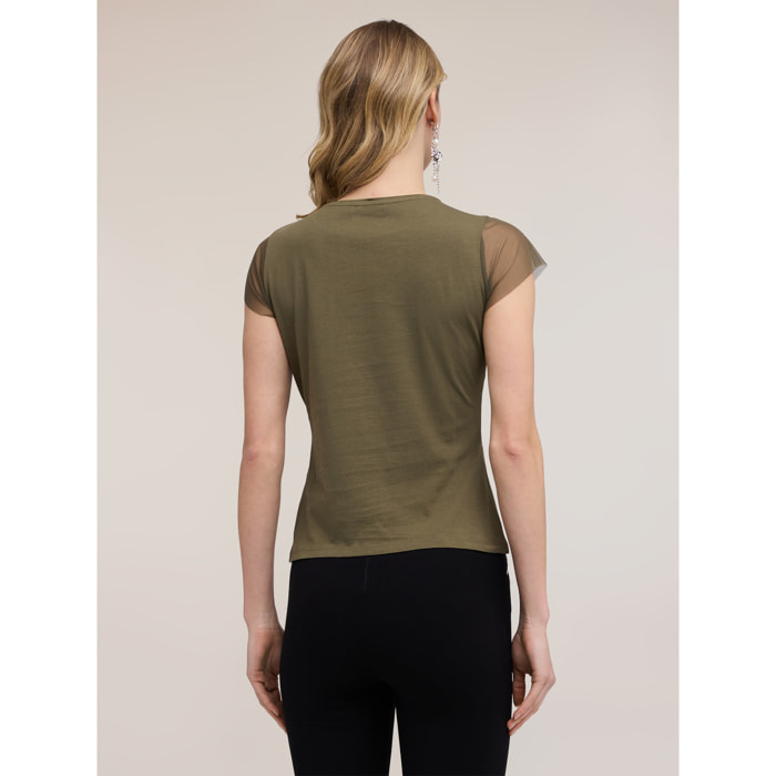 Motivi - T-shirt con maniche in tulle e ricami gioiello - Verde militare