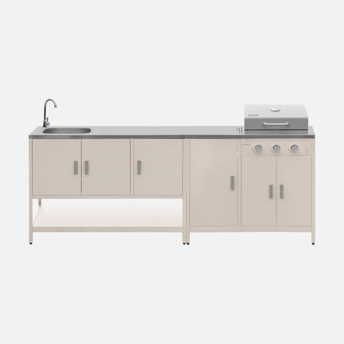 Cuisine extérieure Naxos 2 modules acier inoxydable beige barbecue gaz 3 brûleurs avec évier
