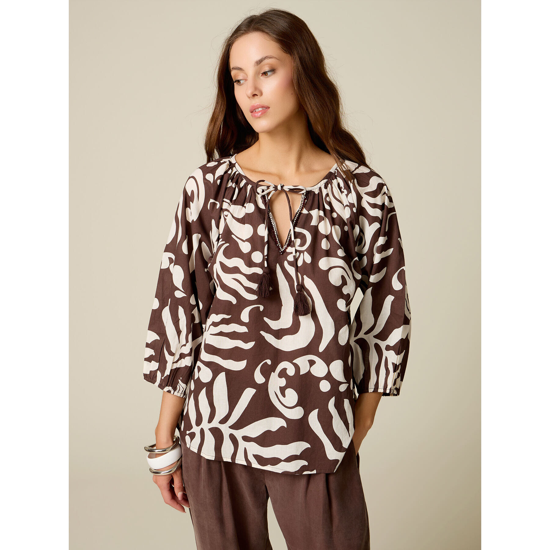 Oltre - Blusa in mussola di cotone fantasia - Marrone