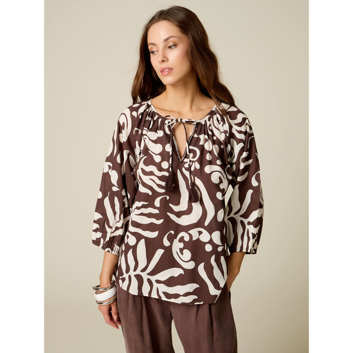 Oltre - Blusa in mussola di cotone fantasia - Marrone