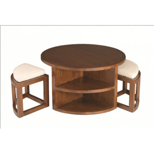 EDEN - Table basse ronde marron 2 tabourets avec coussins écrus bois Mindi