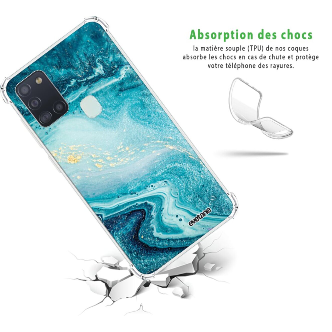 Coque Samsung Galaxy A21S anti-choc souple angles renforcés transparente Bleu Nacré Marbre Evetane