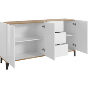 Credenza moderna a 3 ante e 3 cassetti, Made in Italy, Madia da cucina rialzata, Buffet di design da soggiorno, Cm 160x40h82, Bianco lucido e Acero