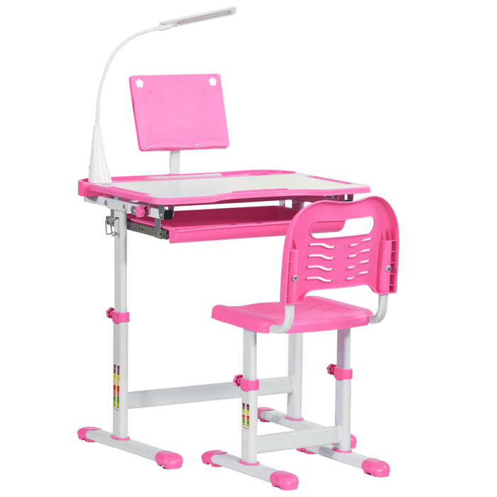 Bureau enfant avec chaise - ensemble bureau et chaise réglable - lampe, support de lecture, tablette coulissante multi-rangement - gris blanc