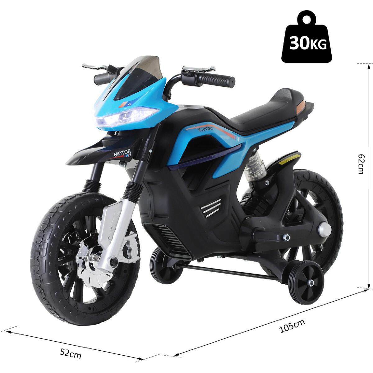 Moto électrique pour enfants 25 W 6 V 3 Km/h effets lumineux et sonores roulettes amovibles bleu