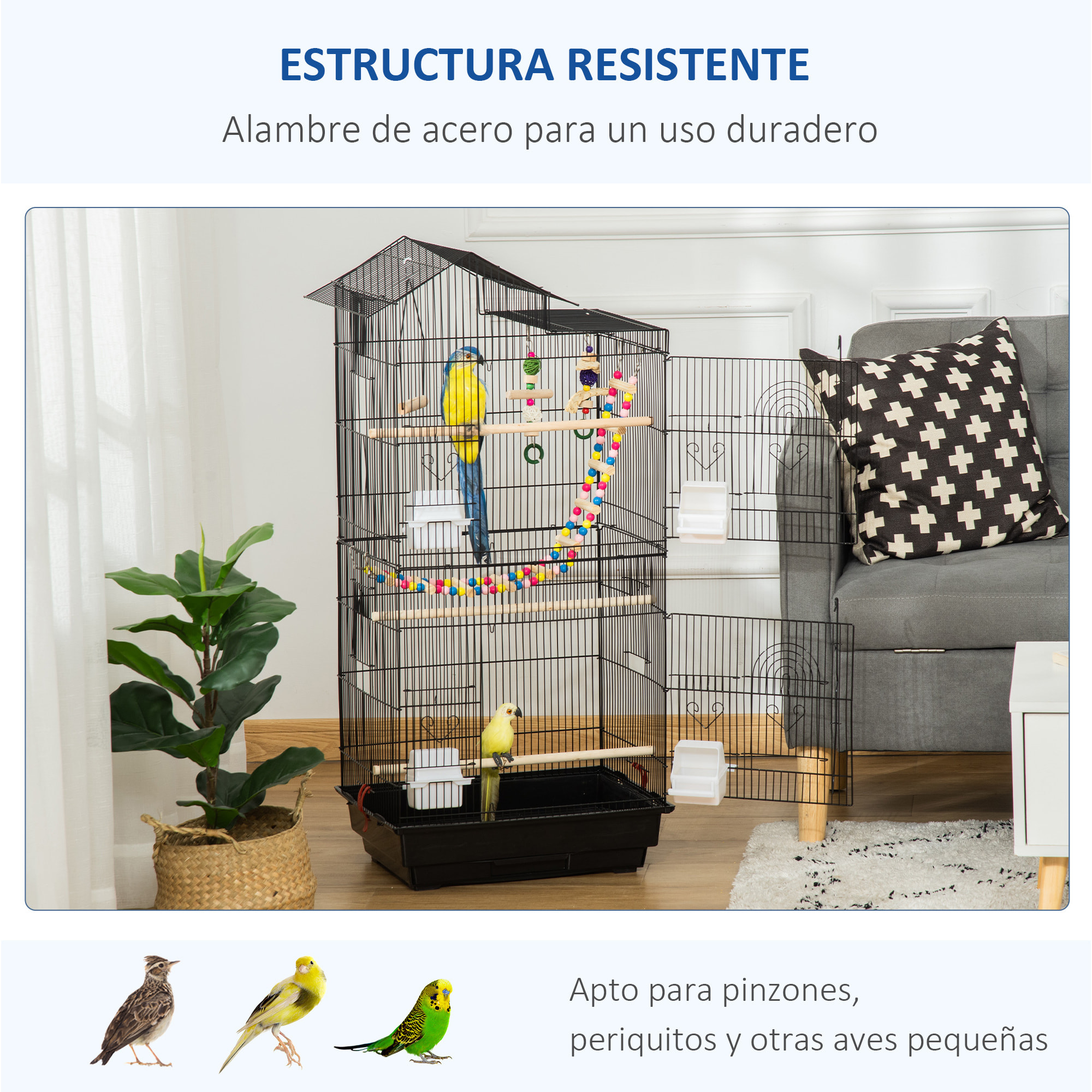 Jaula para Pájaros Pajarera de Metal con Múltiples Puertas 4 Comederos 3 Perchas Columpio Escaleras y Bandeja Extraíble para Loros Canarios Periquitos 46x36x100 cm Negro