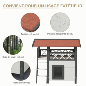 Maison lodge pour chat - niche villa avec terrasse, escalier, toit - bois sapin gris blanc toit bitumé rouge