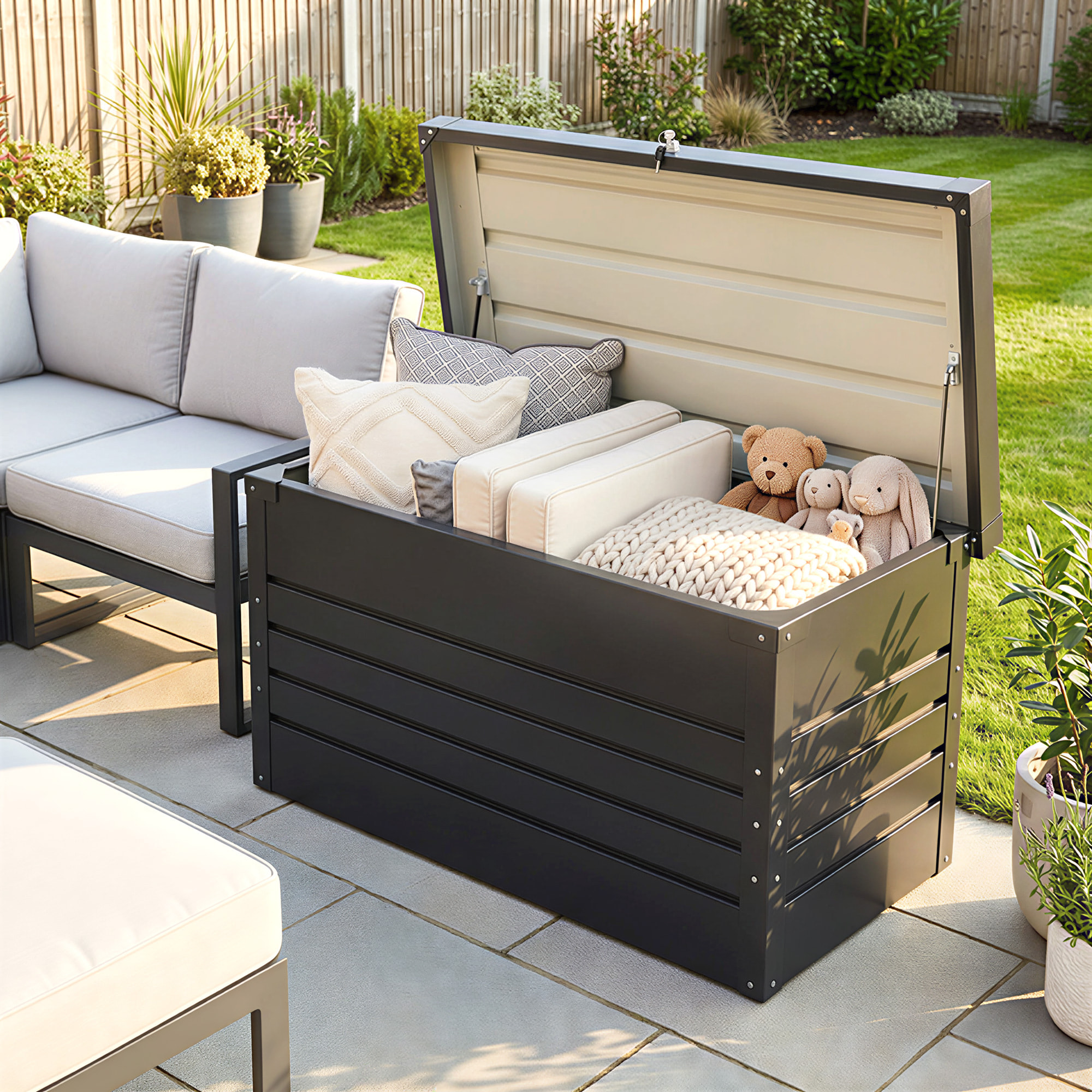 Coffre de jardin acier double couche thermolaqué 450L vérins gaz gris