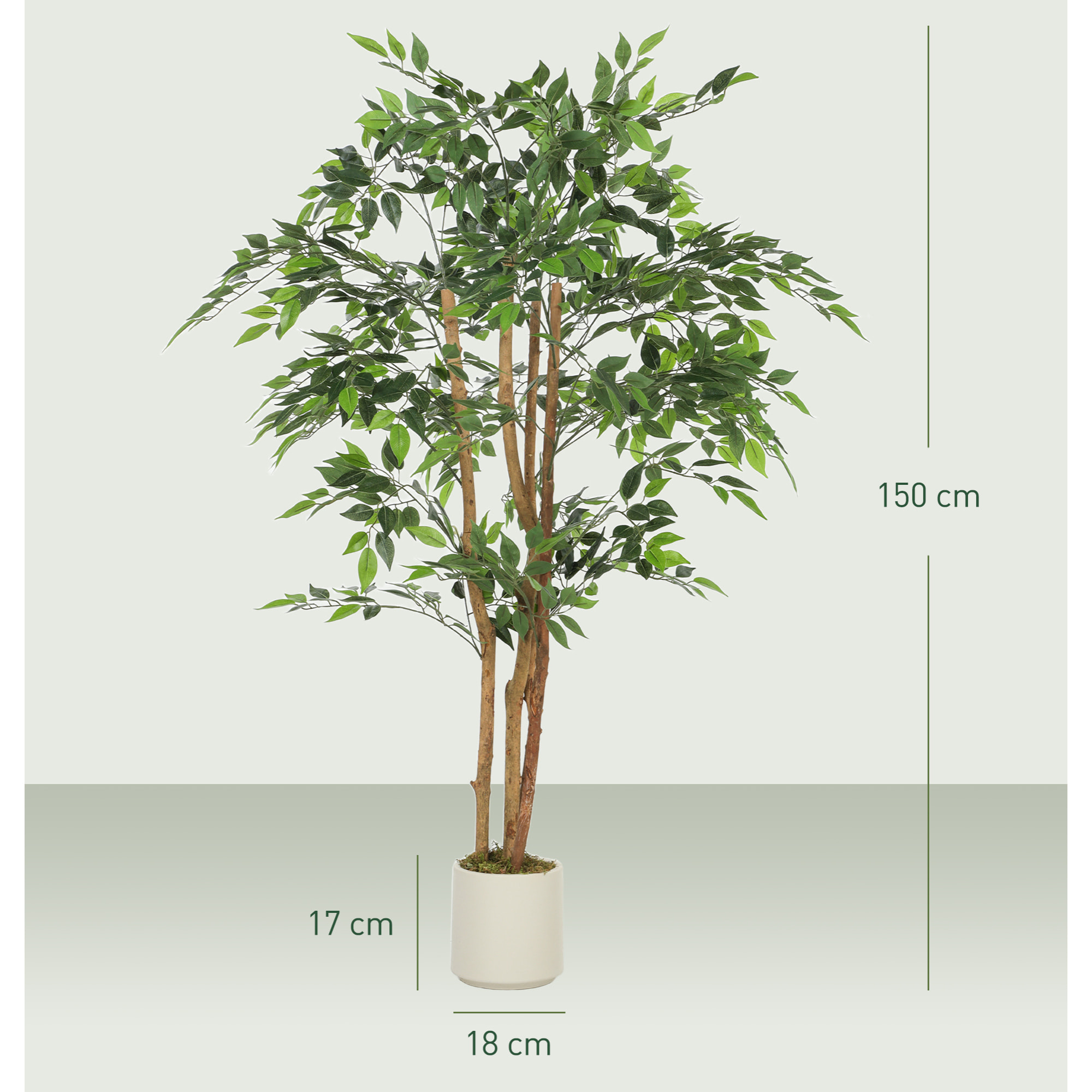 Ficus Artificial 150 cm, con Tronco Natural, Planta Artificial Realista para Interior con Maceta, Decoración para Hogar, Salón, Oficina, 65x65x150 cm, Verde