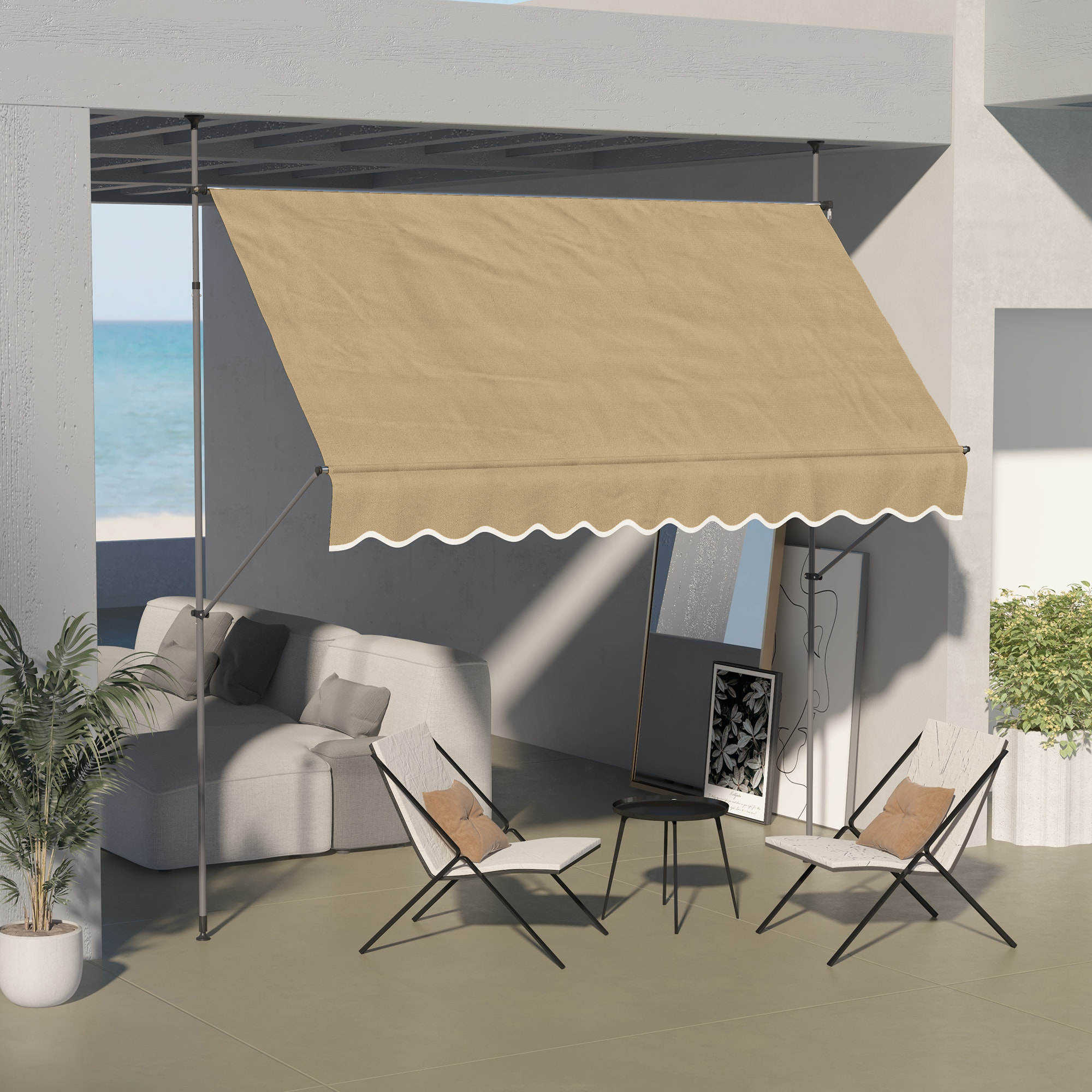 Toldo Manual Retráctil 3x1,2 m Toldo Exterior Terraza Enrollable Altura Ajustable con Manivela 210-300 cm Sin Taladro Protección UV30+ para Balcón Jardín Beige
