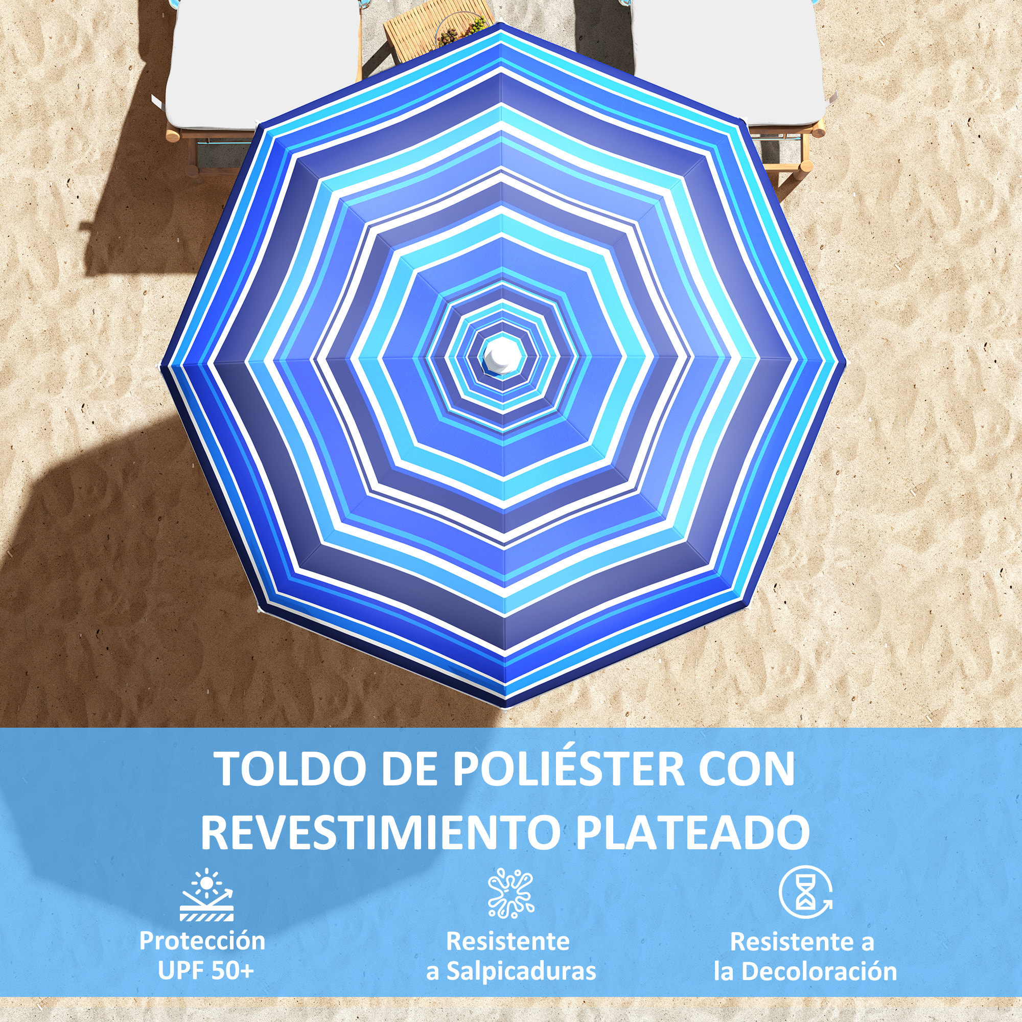 Sombrilla de Playa Grande Ø180 cm Sombrilla de Terraza Exterior Plegable con Ángulo Ajustable Protección UV50+ Impermeable Mástil de Ø32 mm Multicolor