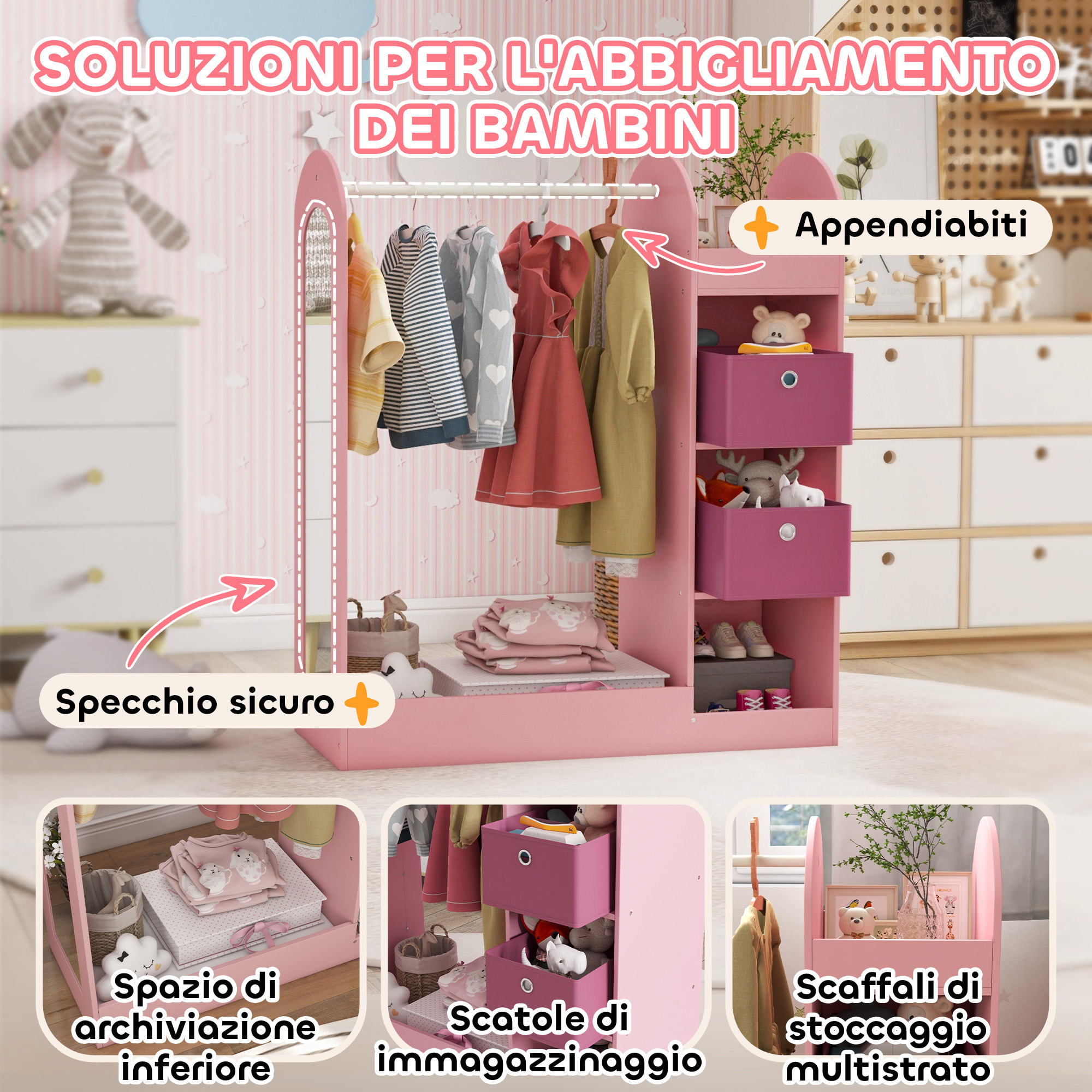 AIYAPLAY Appendiabiti per Bambini con Ripiani, Scatole e Specchio in Legno, Rosa