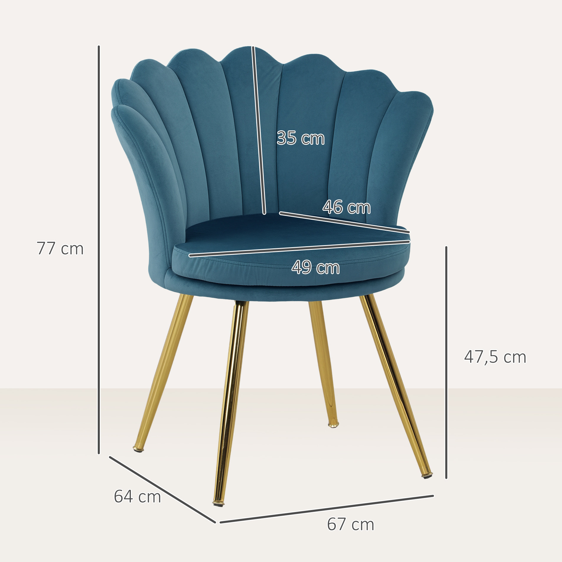 Chaise coquillage chaise design pieds métal dorés effilés velours bleu