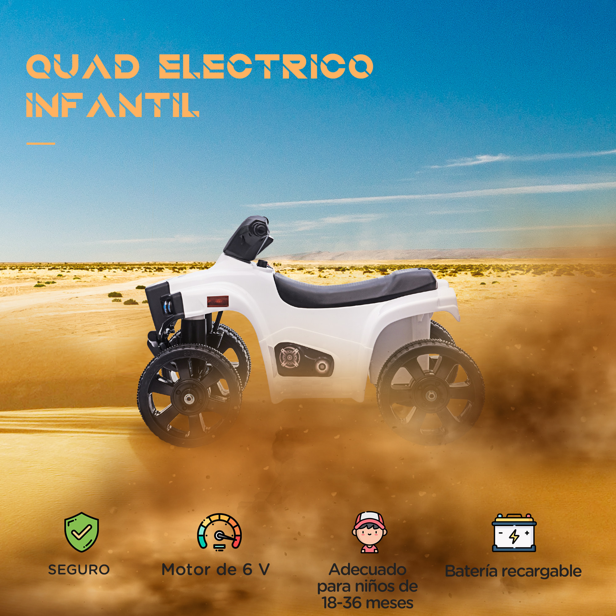 Quad Eléctrico para Niños 18-36 Meses Cuatrimoto Infantil a Batería 6V con Faros Bocina Velocidad 0-3 km/h Avance y Retroceso 65x40x43 cm Blanco