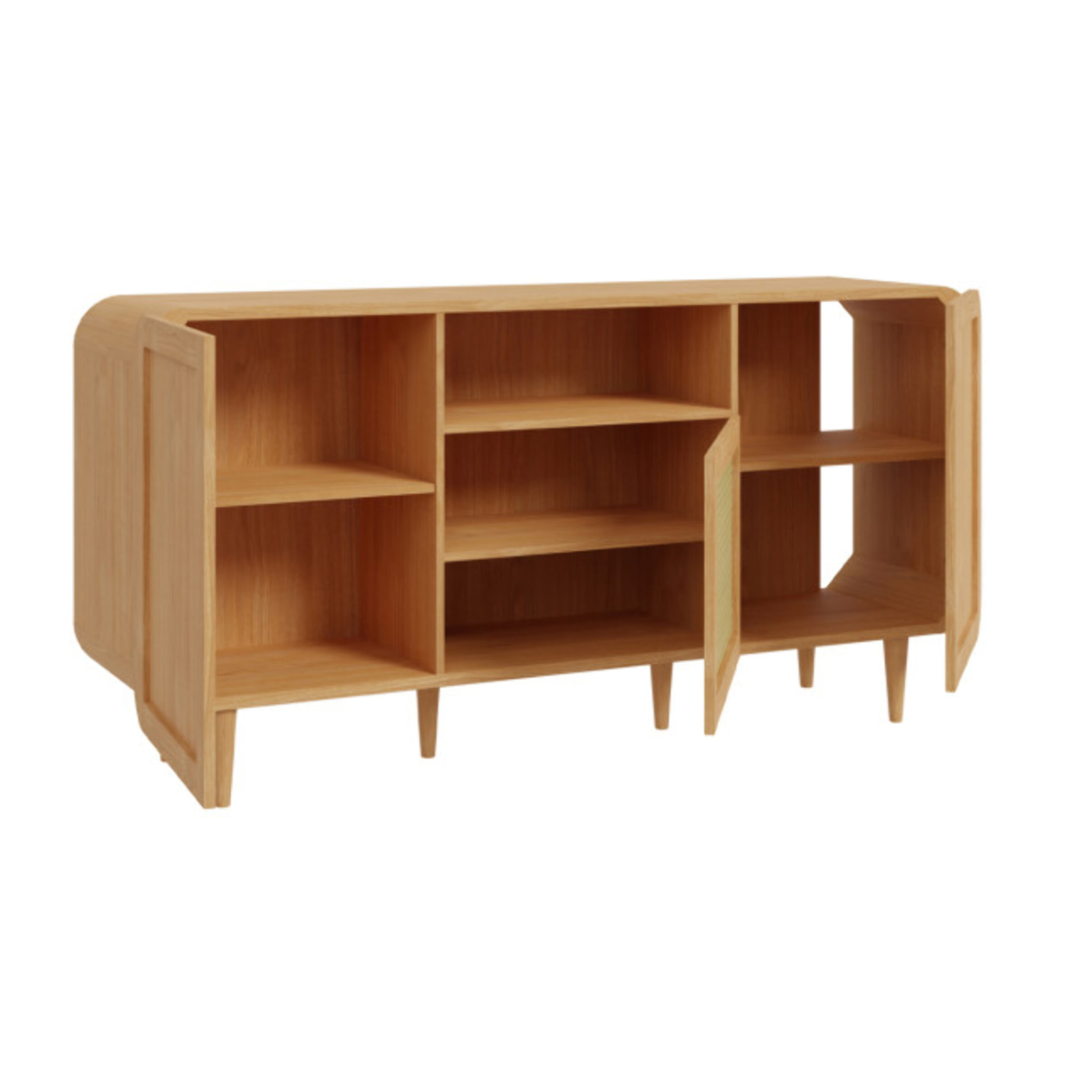 Buffet 160 cm cannage rotin et décor chêne angles arrondis - BEVERLY