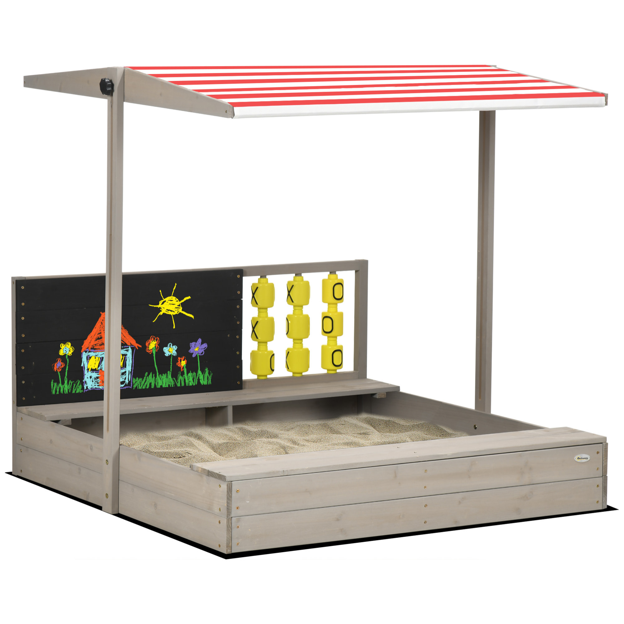 Arenero de Madera para Niños de 3-7 Años Arenero Infantil con Techo Ajustable de Tela no Tejida Banco de 2 Asientos Pizarra y Juguetes para Patio Jardín 114x113x110 cm Gris