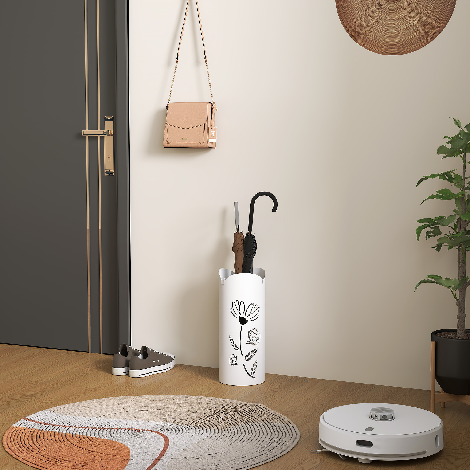 ParagÃƒÂ¼ero de Acero Soporte de Paraguas con 4 Ganchos y Bandeja de Goteo Extraíble ParagÃƒÂ¼ero Blanco para Entrada Oficina 17x17x41 cm