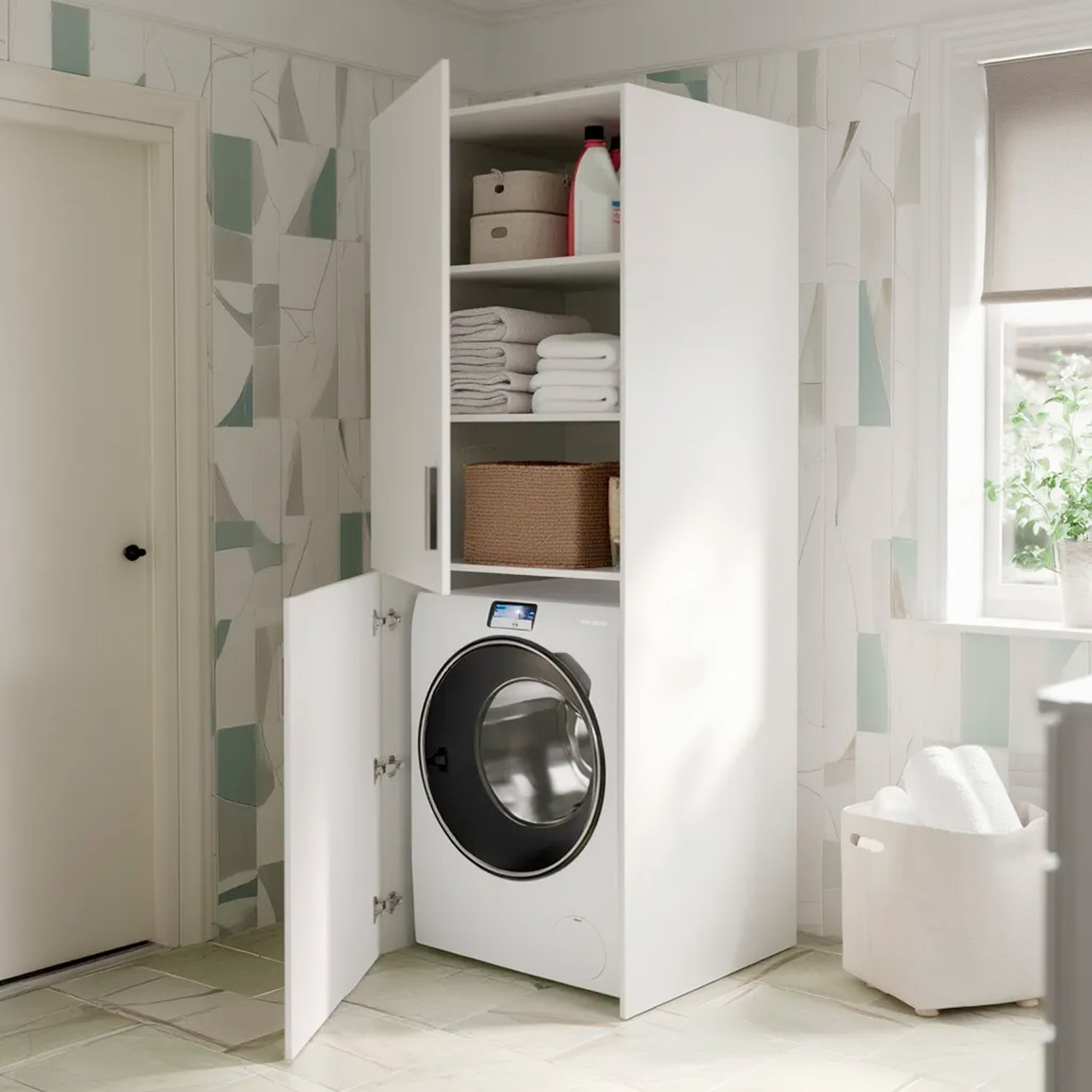 Mobile Lavatrice Asciugatrice Con 2 Ante E Ripiani Mobiletto Lavanderia Bagno Armadietto Verticale Salvaspazio Vano Incasso  70 × 70 × 180 Cm Bianco