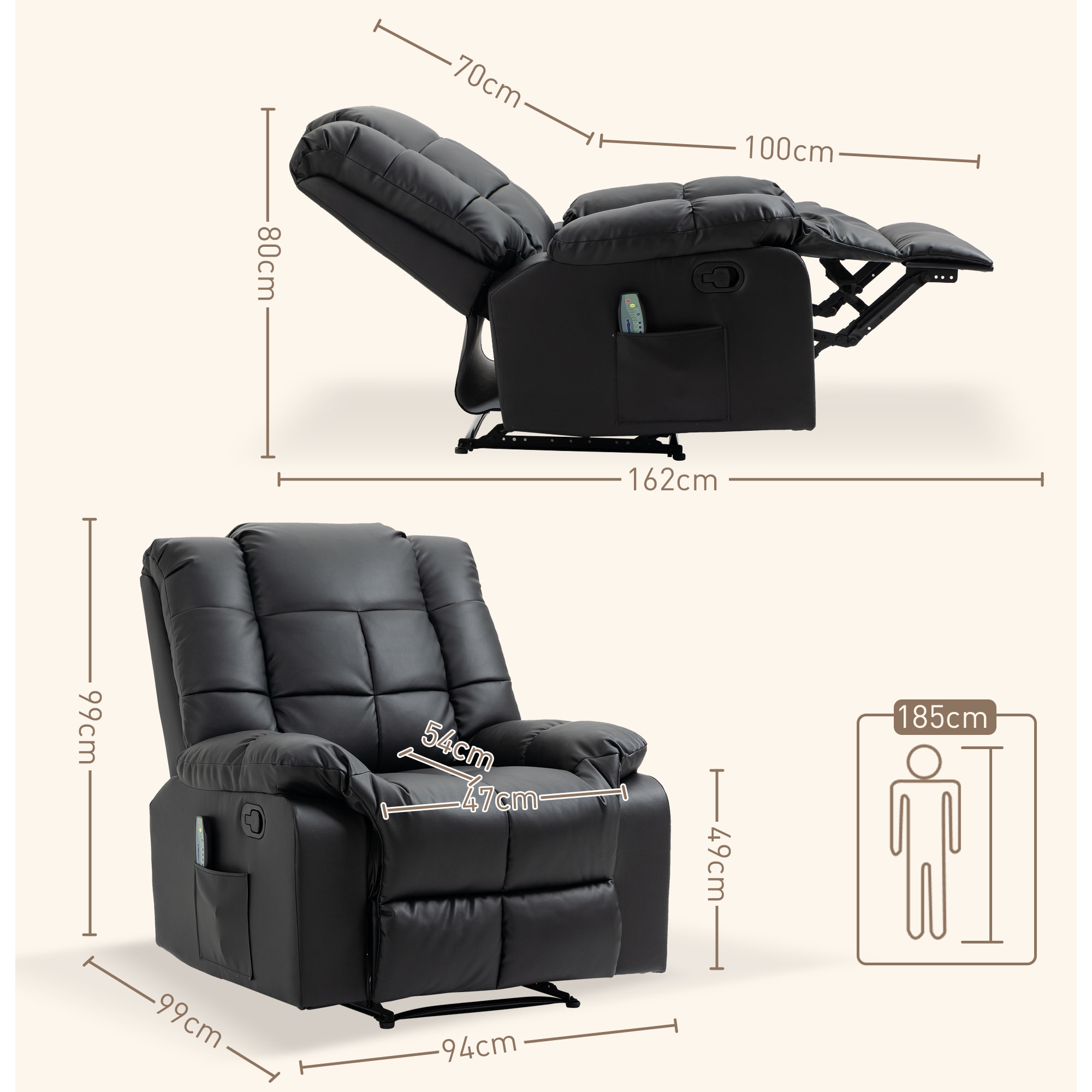 Sillón de Masaje, Sillón Relax Reclinable con 8 Puntos de Masaje, Mando a Distancia, Tapizado en PU, Reposapiés, Bolsillo Lateral, Butaca para Salón, Dormitorio, Negro