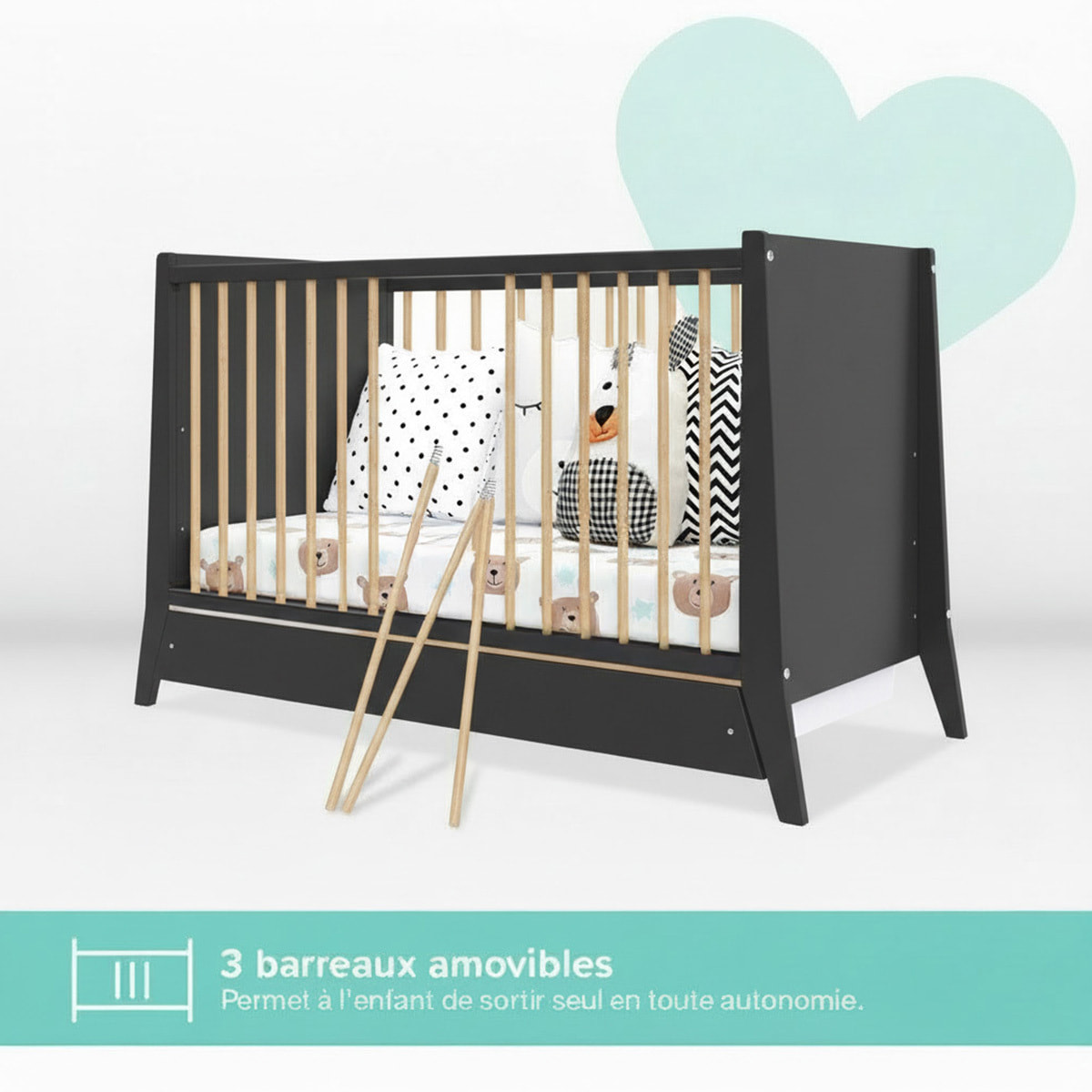 Lit Evolutif Timéo à barreaux 60 x 120 cm, Gris & Bois, En Bois, 3 Hauteurs, Tiroir intégré, Barreaux amovibles