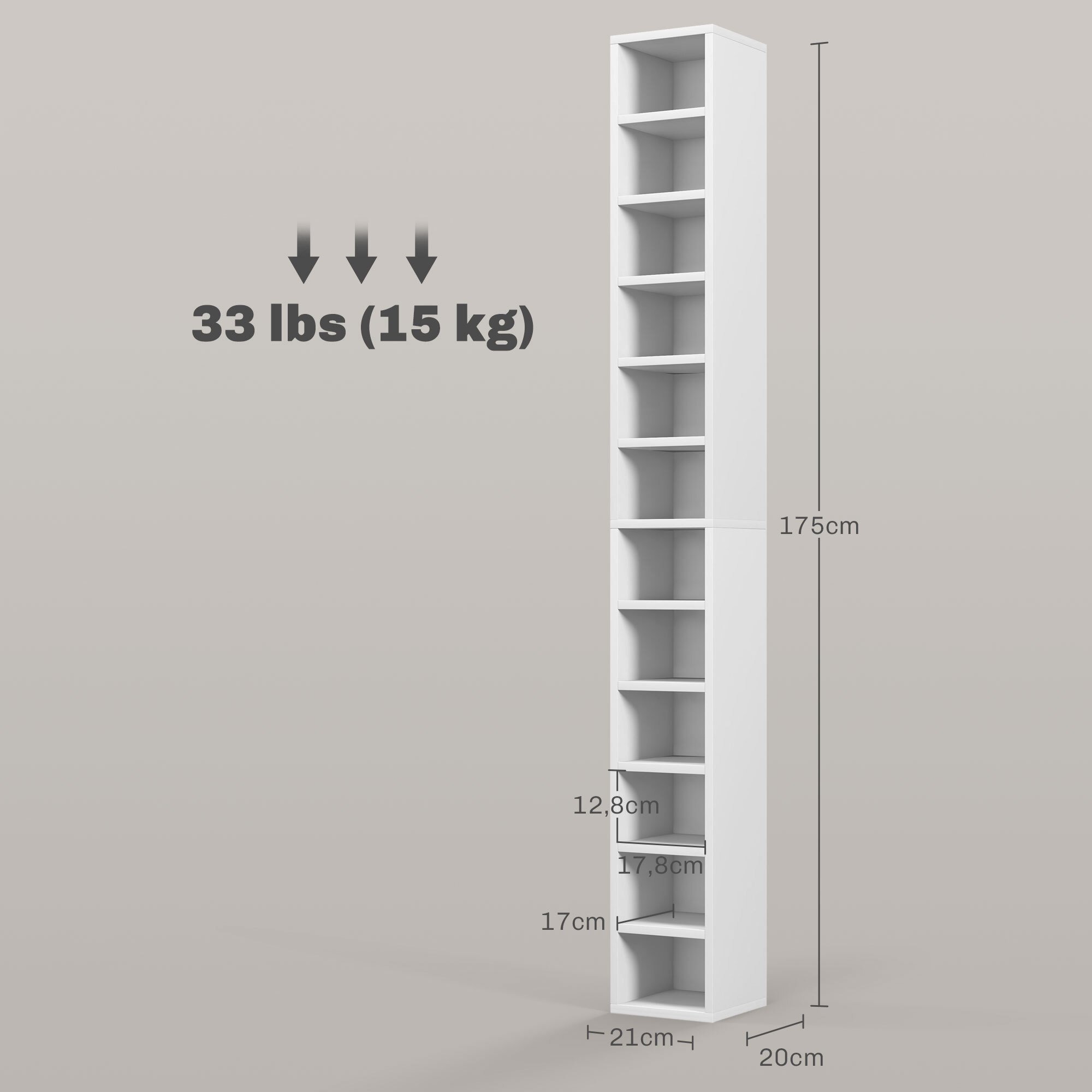 Étagère colonne armoire de rangement CD 12 compartiments 21L x 20l x 175H cm capacité max. 204 CD coloris blanc