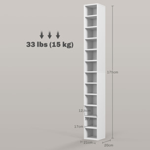 Étagère colonne armoire de rangement CD 12 compartiments 21L x 20l x 175H cm capacité max. 204 CD coloris blanc