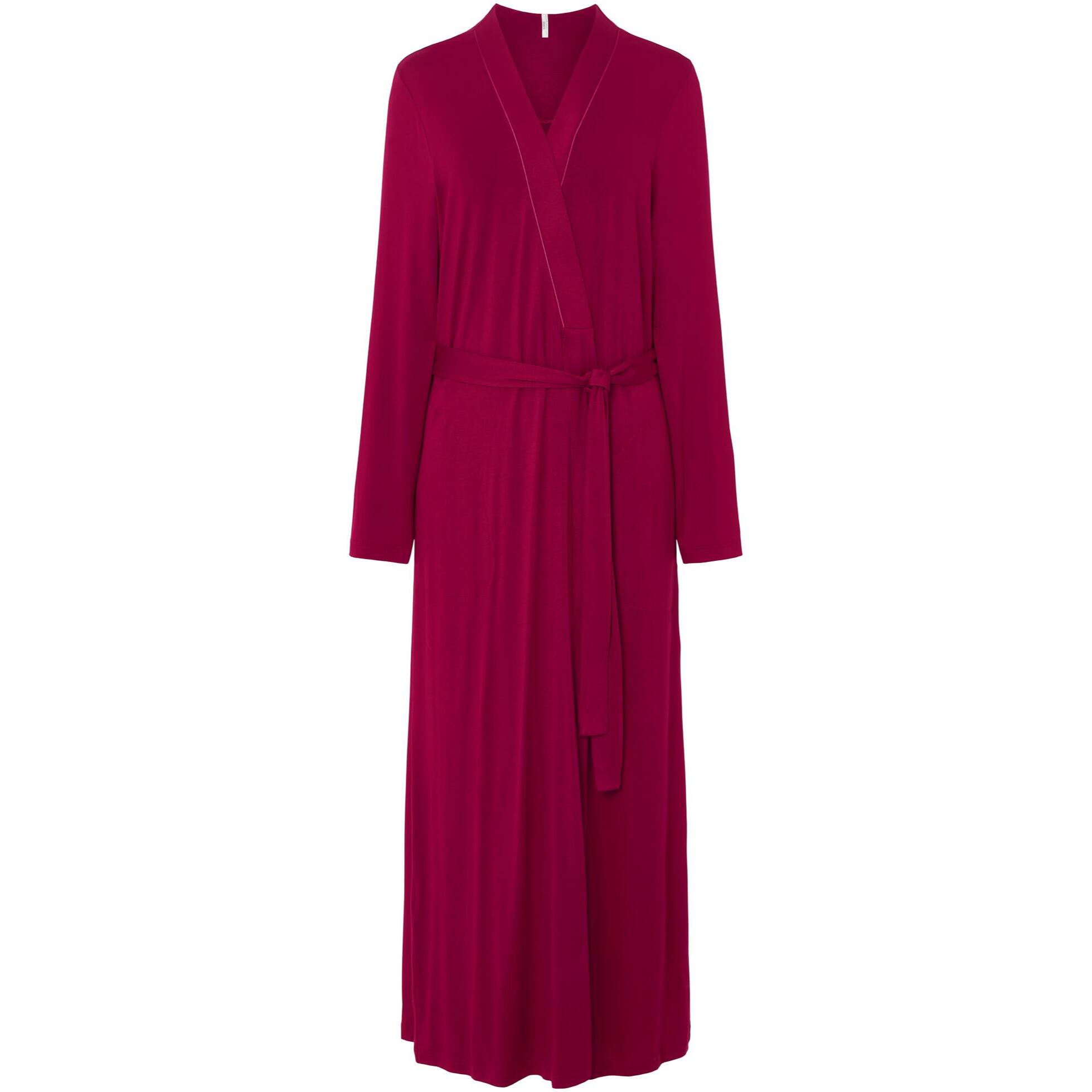 Bata mujer modal lisa, cruzada con cinturon, cuello tirilla y bolsillos laterales, maxi larga