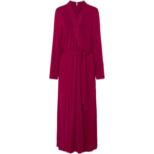 Bata mujer modal lisa, cruzada con cinturon, cuello tirilla y bolsillos laterales, maxi larga