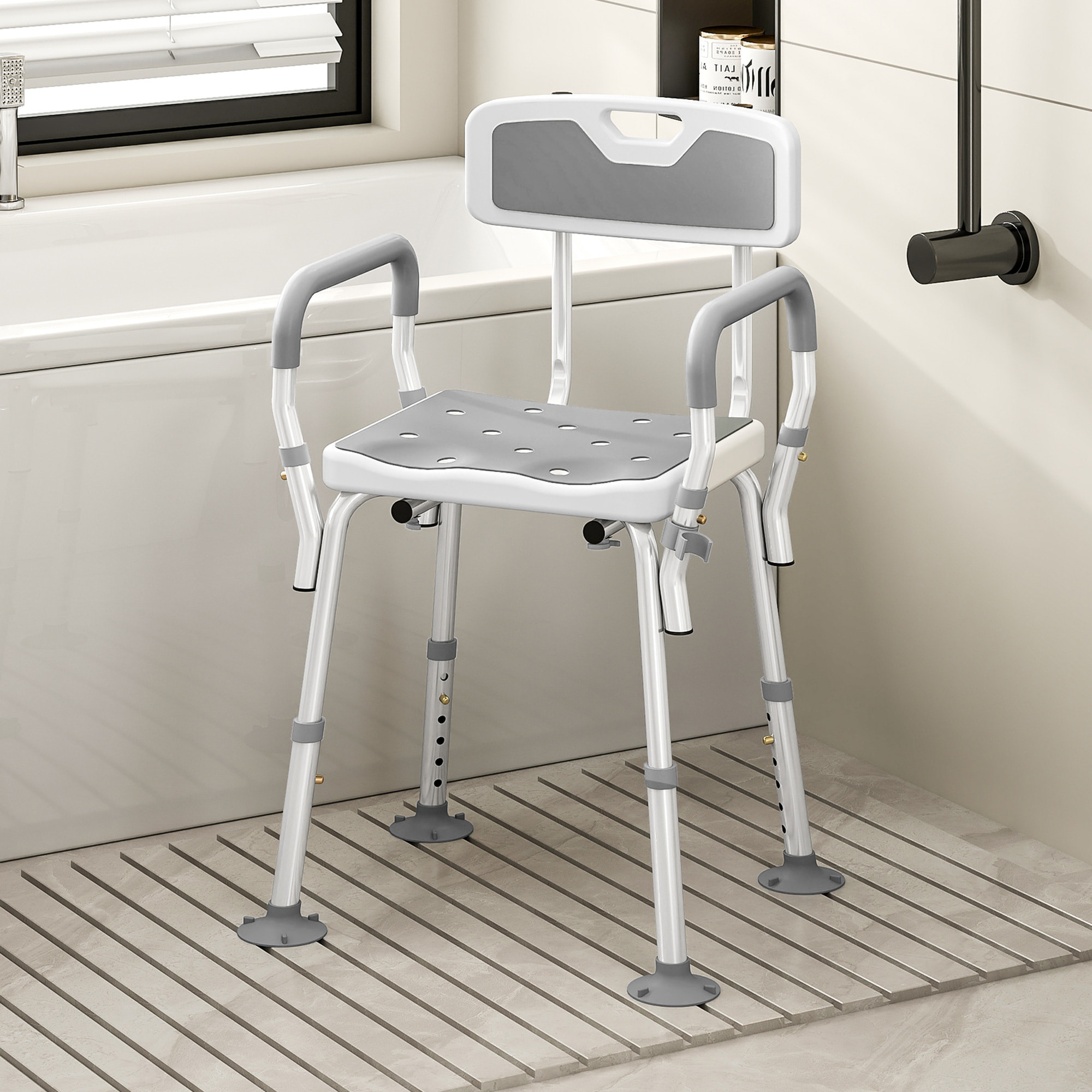 Chaise de douche siège de douche ergonomique hauteur réglable pieds antidérapants charge max. 136 Kg alu HDPE blanc gris