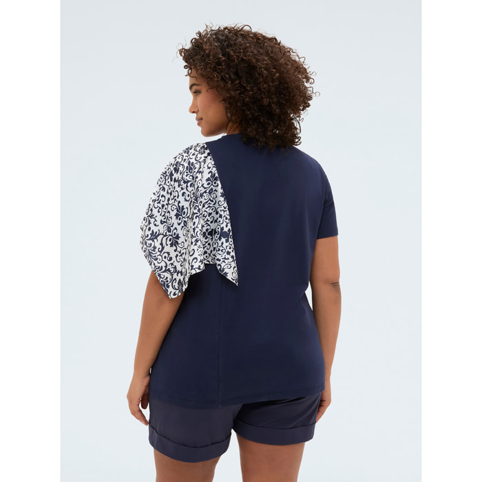 Fiorella Rubino - T-shirt bimaterica con manica stampata - Blu