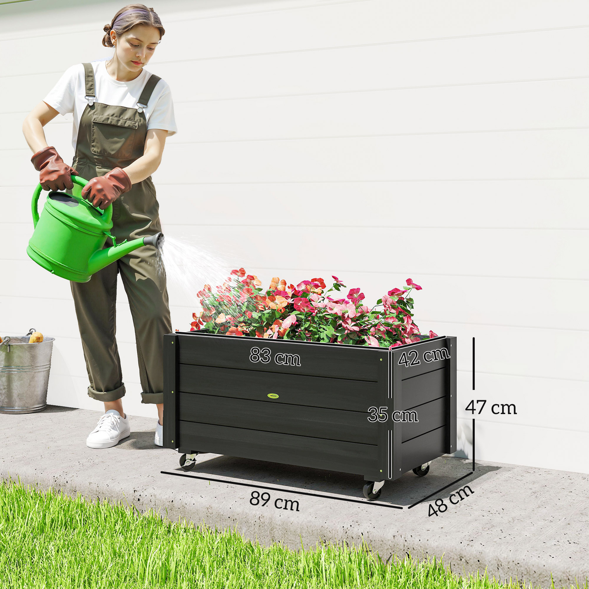 Jardinera de Madera con Ruedas, Huerto Urbano para Cultivar Plantas, Macetero Exterior con Orificios de Drenaje y Tela no Tejida, para Jardin, Terraza, Balcón y Patio, 89x48x47 cm, Negro