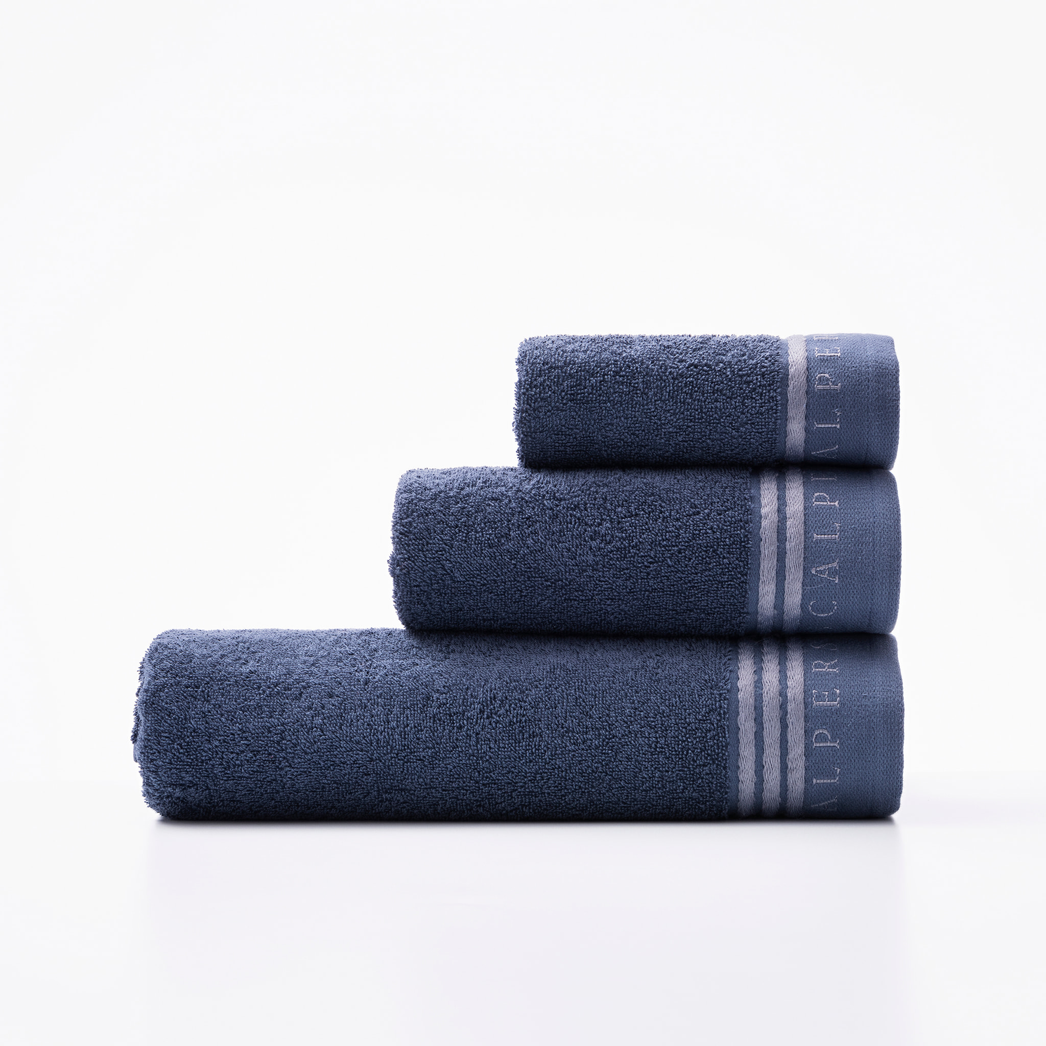 Set toallas baño (tocador 30x50cm + manos 50x90cm + baño 70x140cm) 450gsm en algodón azul con gris scalpers home