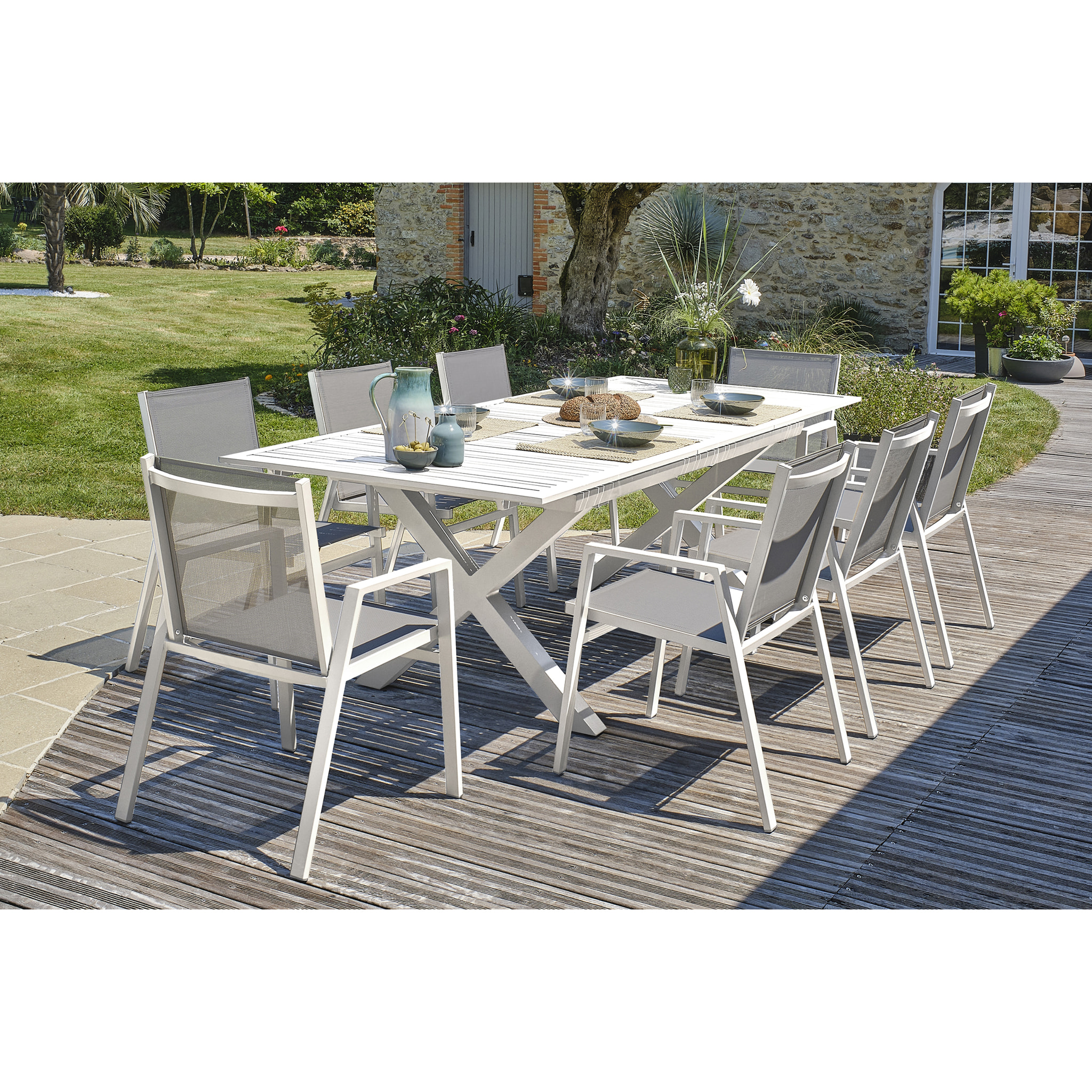 FLORIDE - Ensemble repas de jardin 8 places en aluminium blanc