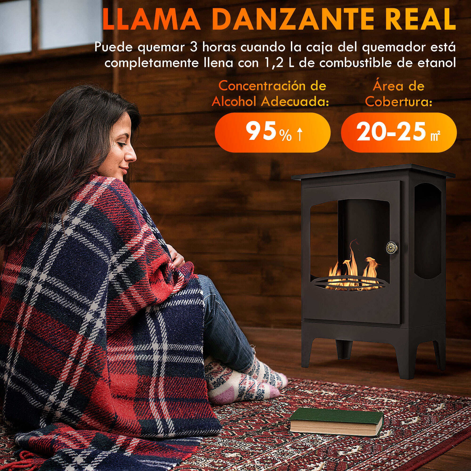 Chimenea de Etanol 7000BTU Chimenea de Bioetanol de Acero con Apagallamas de Acero Inoxidable Tanque de 1,2 L Tiempo de Combustión 3H para Interiores 20-25 m² 39x26x54 cm Negro