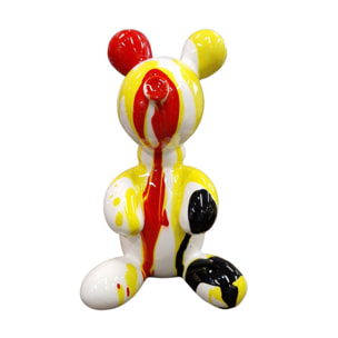 Statuette nounours balloon blanc en résine peintures noir, rouge, jaune H13cm - BEAR 01