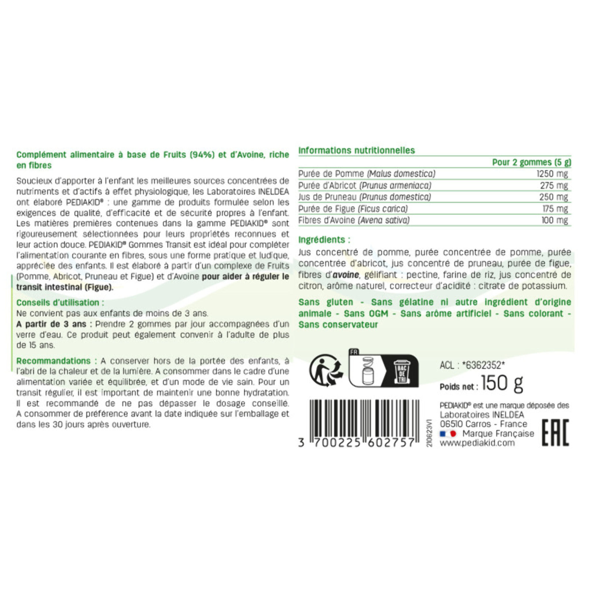 PEDIAKID - Gommes Transit - Complément alimentaire à base de fruits et d'Avoine - Riche en fibres - Aide à réguler le transit intestinal - Arôme naturel abricot - 60 gommes - Lot de 2