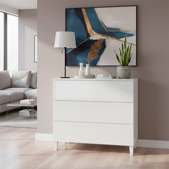 Comodino Con 3 Cassetti Cassettiera Settimino Mobile Da Camera Da Letto Moderno Mobiletto Con Piedini Montaggio Facile 80 x 40 x 80 Cm Bianco Lucido