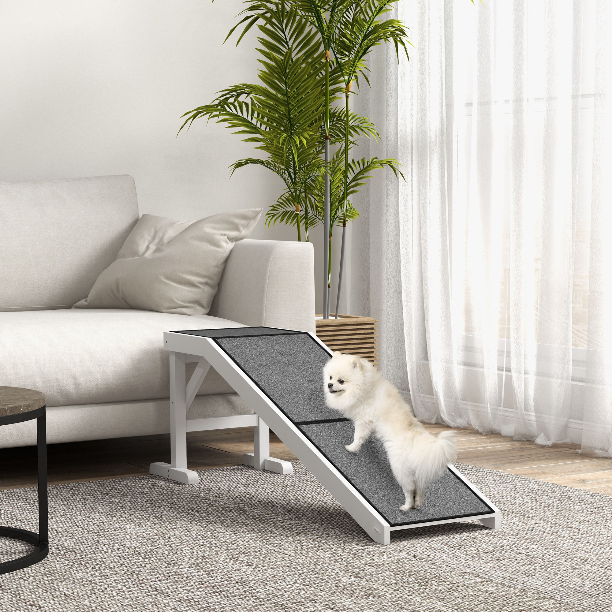 Rampa para Perros de Madera Rampa para Mascotas con Alfombra Antideslizante para Perros Pequeños Medianos y Grandes 152x40x50 cm Blanco y Gris