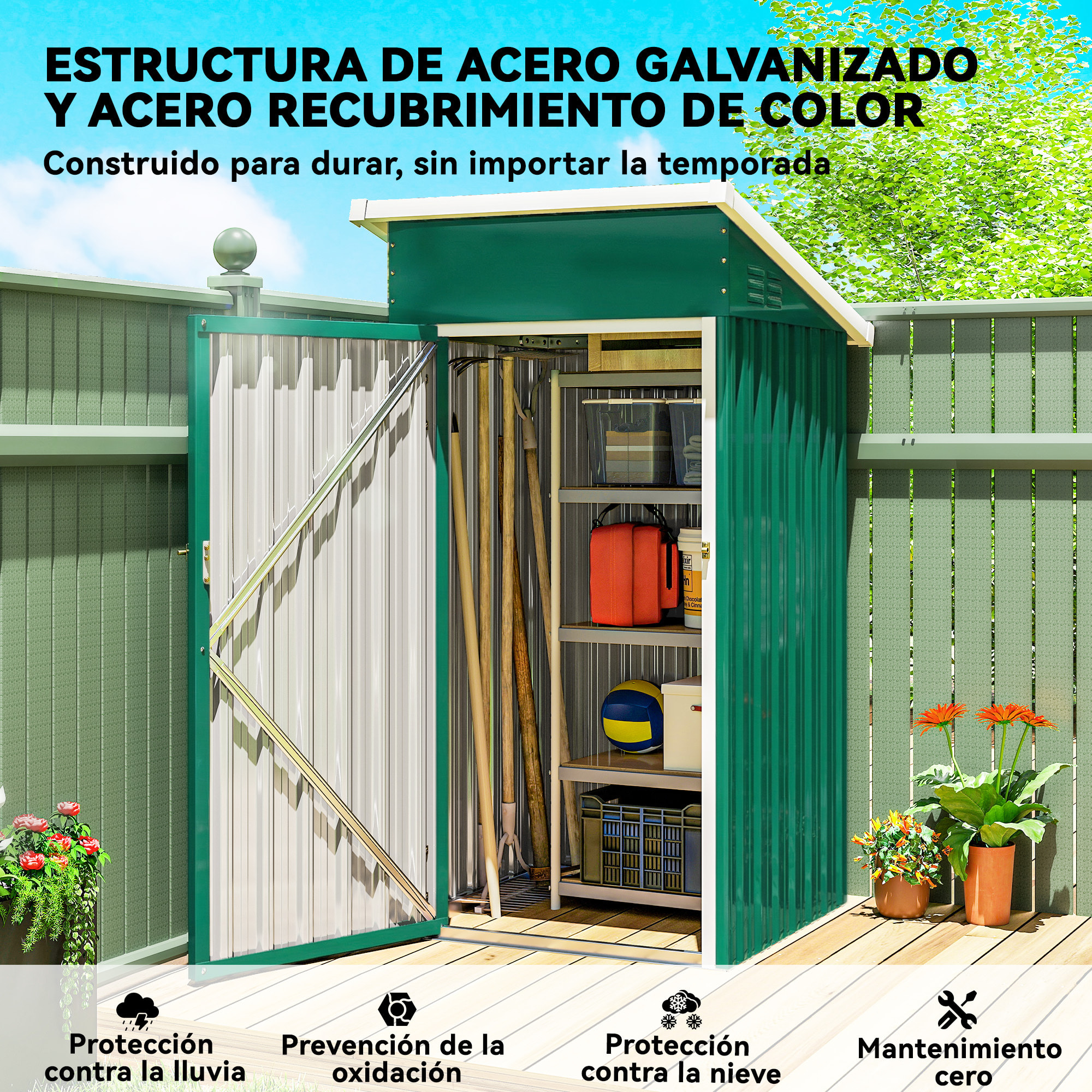 Caseta de Jardín Exterior 0,74 m², 107,5x91x185 cm, Cobertizo de Jardín Exterior Metálico con Techo Inclinado, Puerta con Cerradura y Ventilaciones para Almacenamiento de Herramientas, Verde