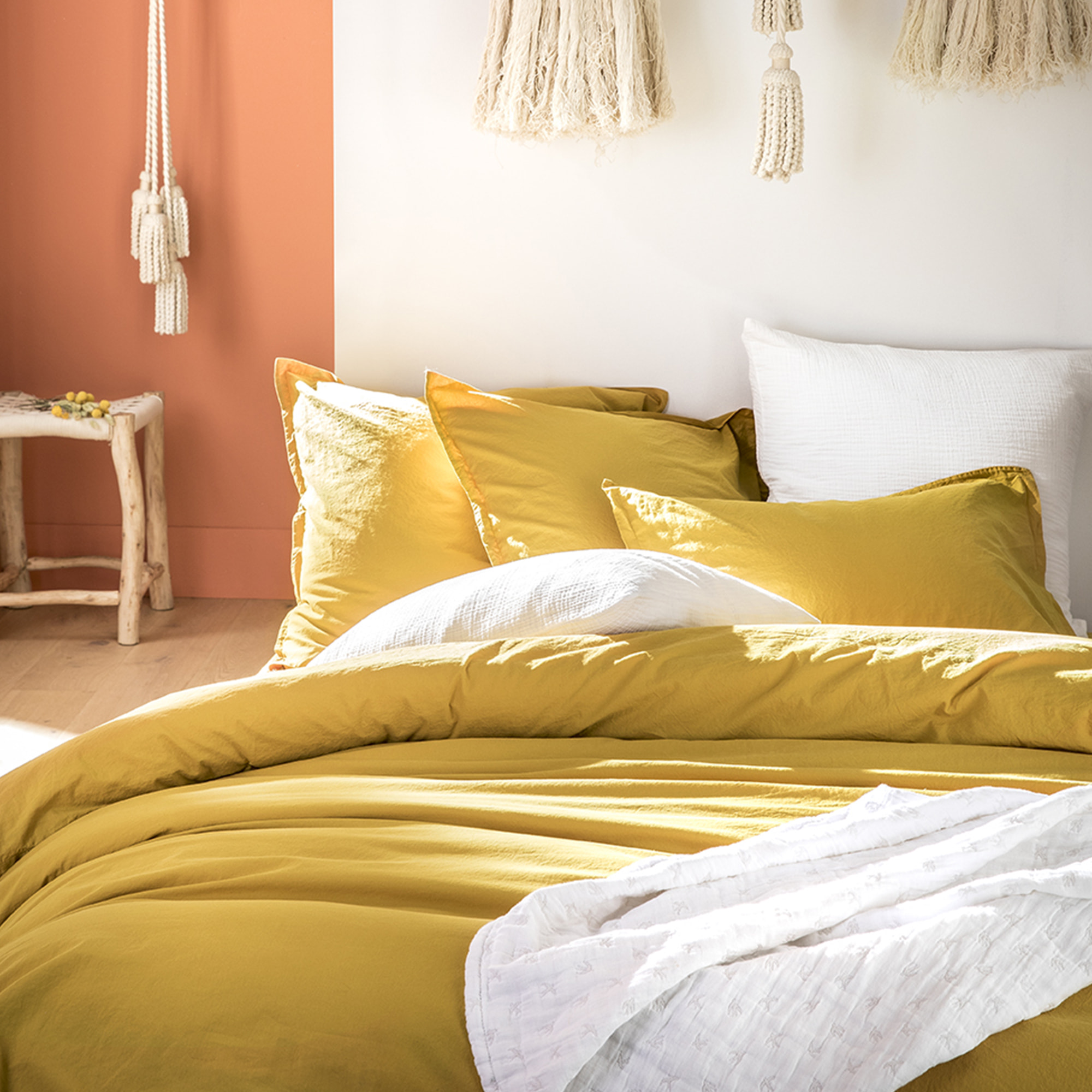 Housse de couette unie en coton lavé, Made in France, SOFT LINE , Jaune Curry