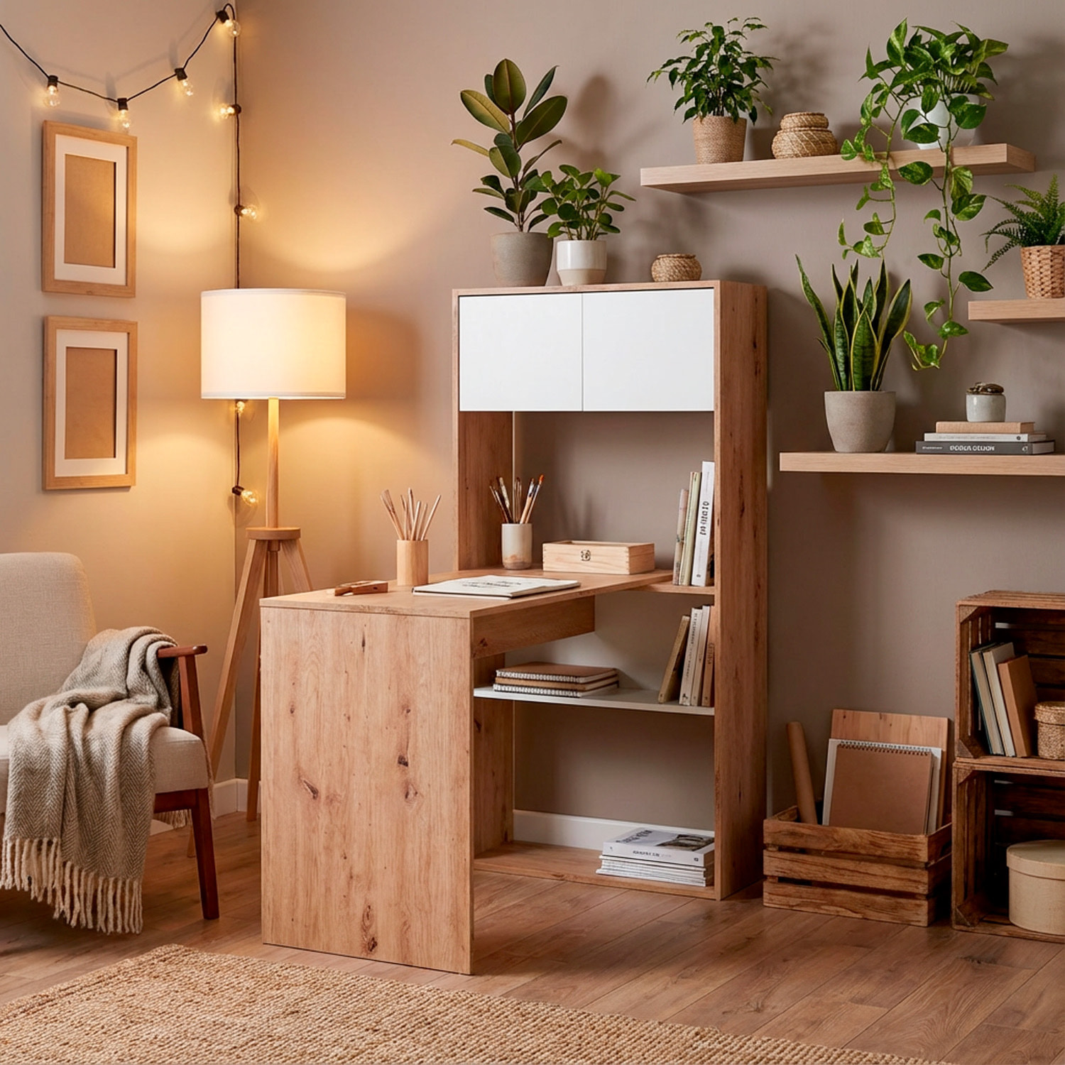 Scrivania Libreria Multiposizione Reversibile Salvaspazio Con 3 Configurazioni Verticale E Orizzontale Dimensioni: 140 x 108 x 70 Cm  Rovere E Bianco