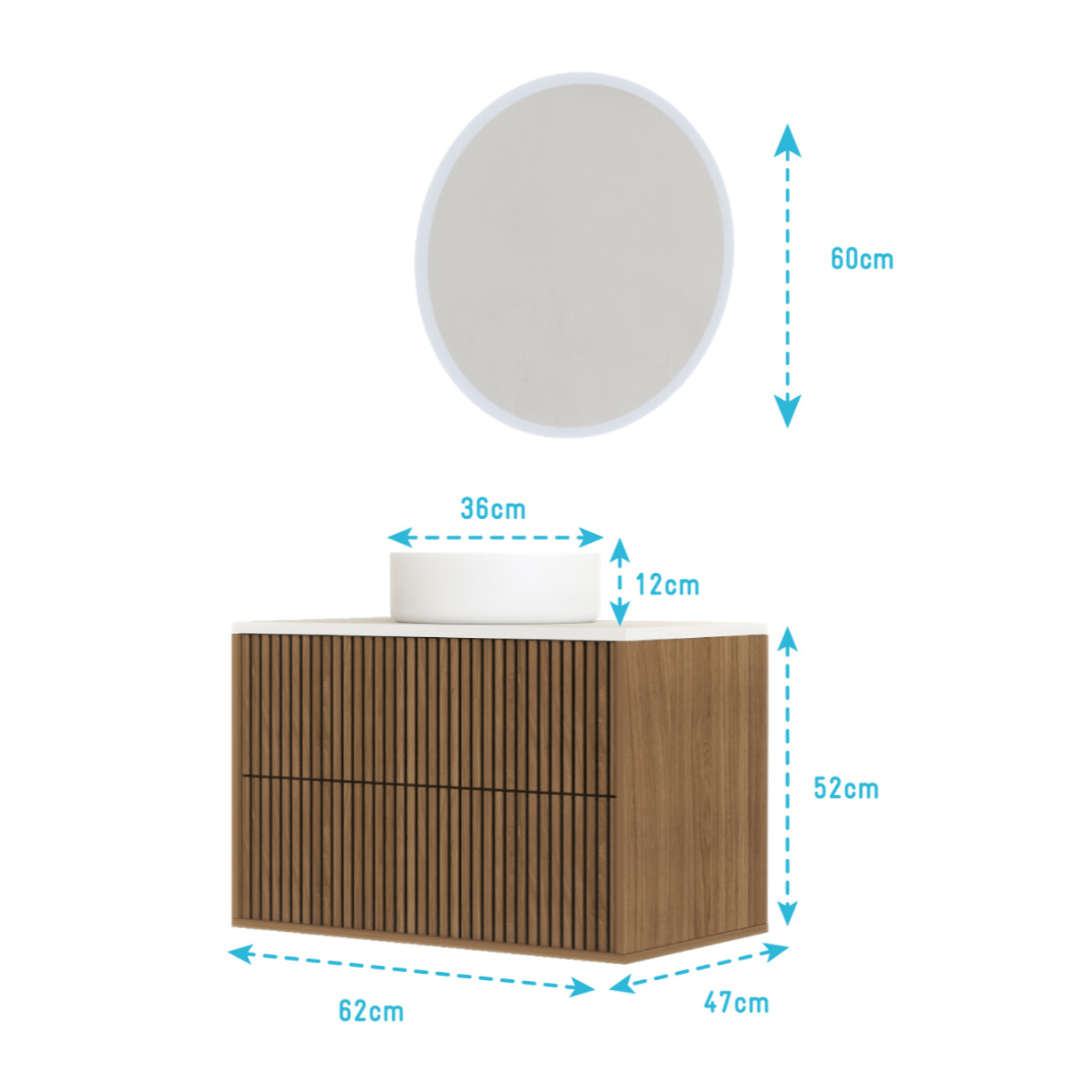 Meuble Salle de Bains 60 2 Tiroirs Décor Chêne et Noir - Vasque et Plan Blancs - Miroir LED 60