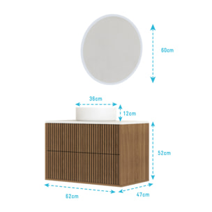 Meuble Salle de Bains 60 2 Tiroirs Décor Chêne et Noir - Vasque et Plan Blancs - Miroir LED 60