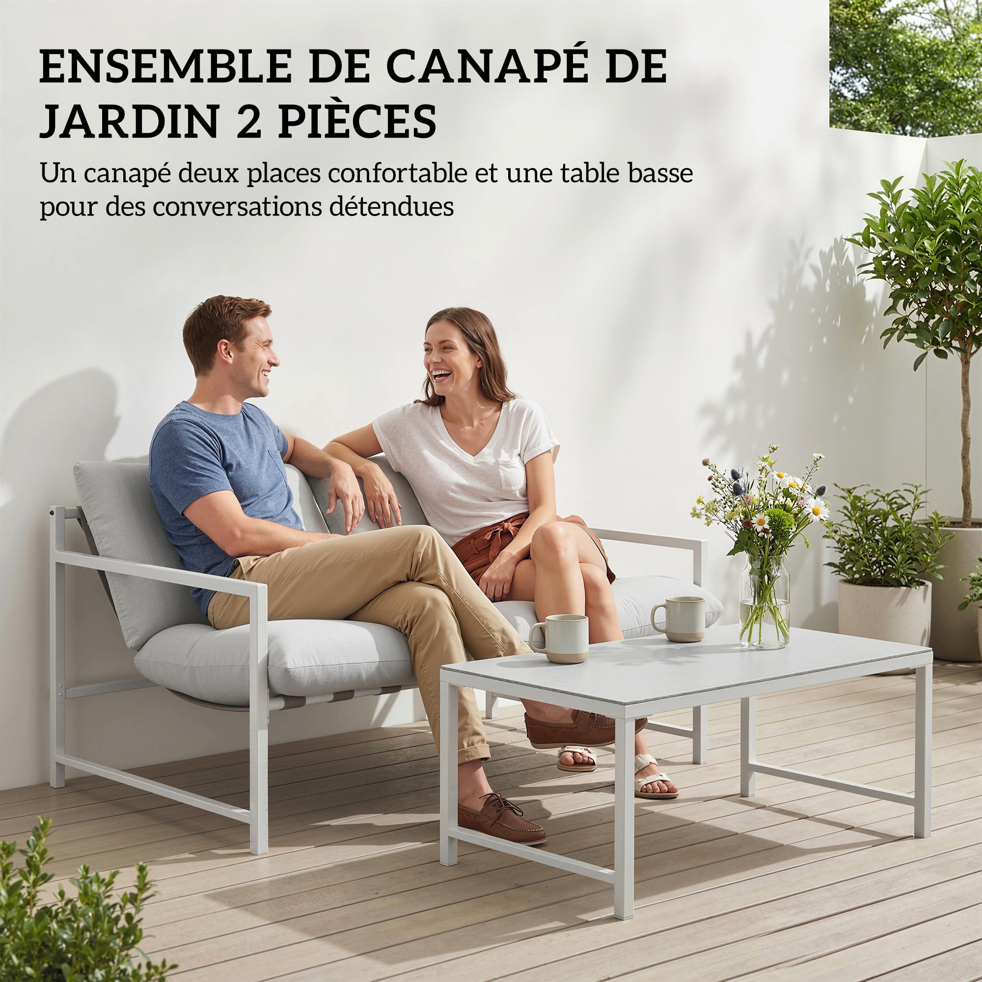 Ensemble canapé jardin épais coussins table basse design gris clair