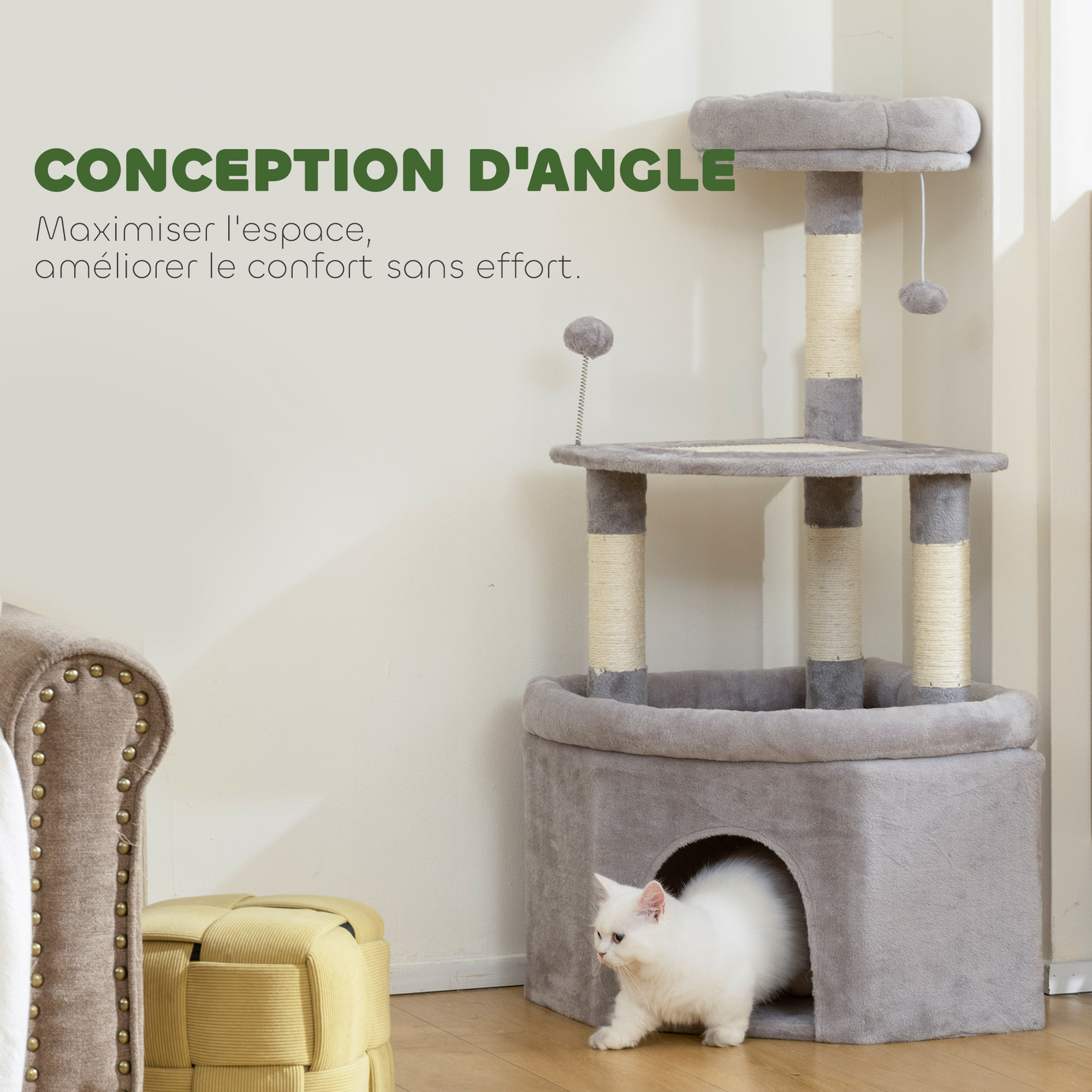 Arbre à chat d'angle H.114cm griffoirs grattoir grande niche plateformes gris